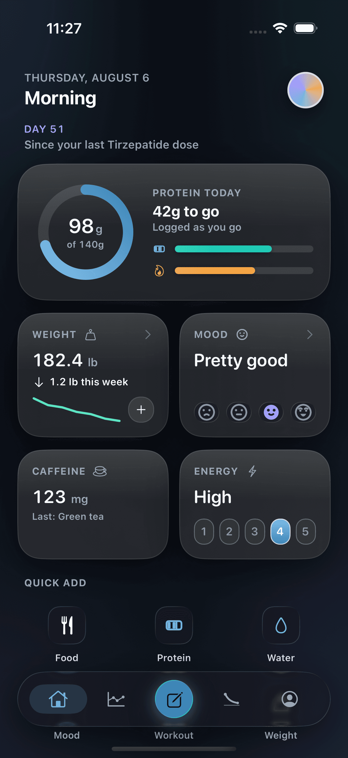 The Today screen showing 98g of a 140g protein goal, a weight trend, a mood check-in, caffeine and energy