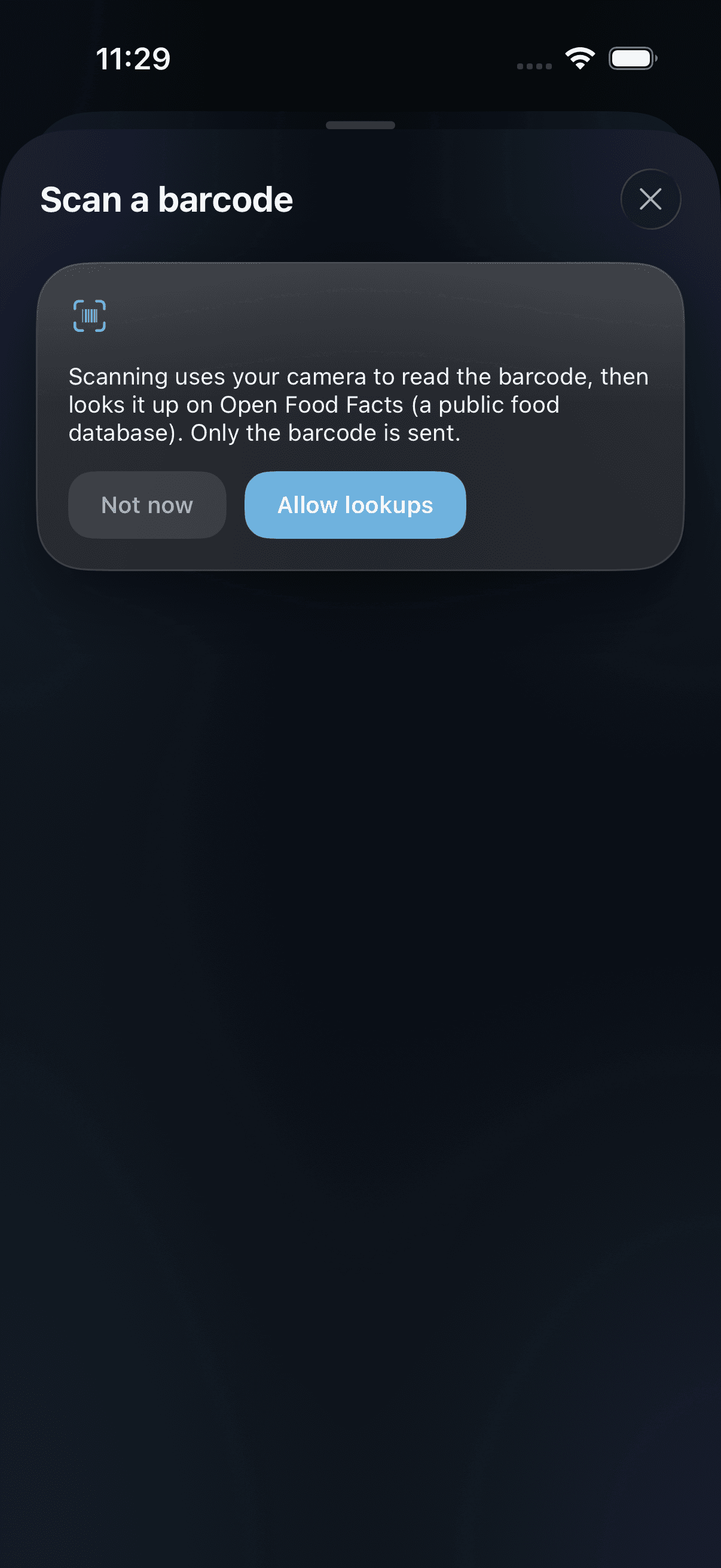 The barcode scan screen asking permission before any lookup is sent