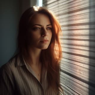 Portrait of a person at a window in low light