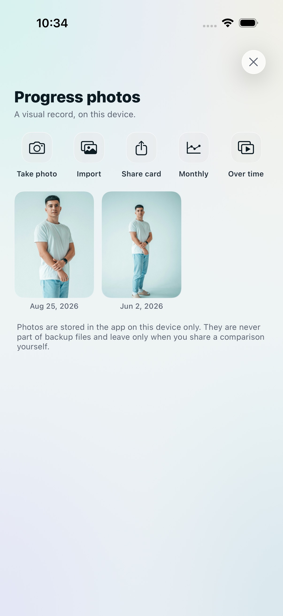 The progress photos room: two thumbnails at visibly different camera distances